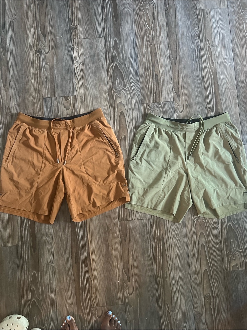 2 lululemon athletica Men's Drawstring Athletic Shorts in Rust and Olive
